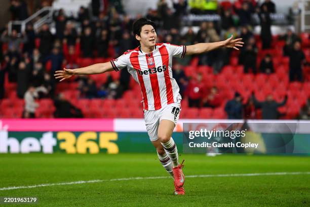 Bae Jun-Ho of Stoke City celebrates scoring his team's first goal during the Sky Bet Championship match between Stoke City FC and Middlesbrough FC at...