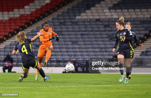Lineth Beerensteyn of Netherlands scores her team's first goal during the UEFA Women's Nations League 2024/25 Grp A1 MD2 match between Scotland and...