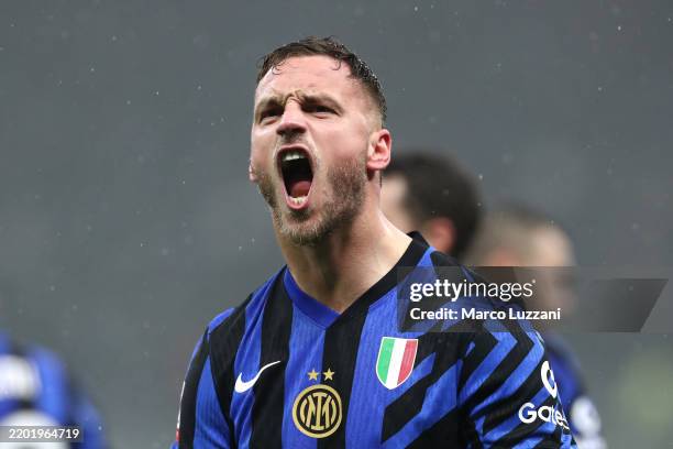 Marko Arnautovic of FC Internazionale celebrates scoring his team's first goal during the Coppa Italia Quarter Final match between FC Internazionale...