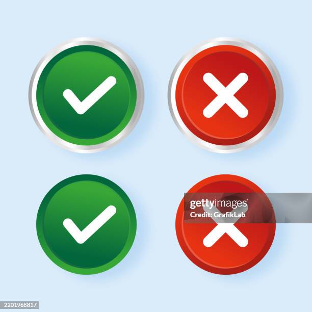 green checkmarks and red crosses icons for binary choice system - judgement look stock illustrations