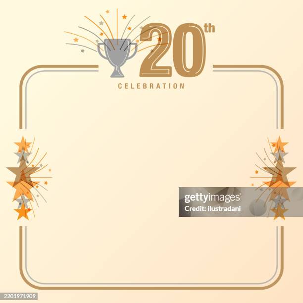 golden 20-year logo with a trophy and fireworks template with space for text - risograph stock illustrations