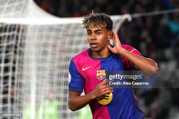 Lamine Yamal of FC Barcelona celebrates after assisting Robert Lewandowski of FC Barcelona for his fourth goal during the Copa del Rey Semi Final...