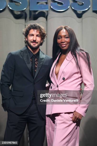 Andrea Preti and Venus Williams attend the photocall ahead of the Dsquared2 F/W 2025 - 2026 runway during the Milan Fashion Week - Womenswear...