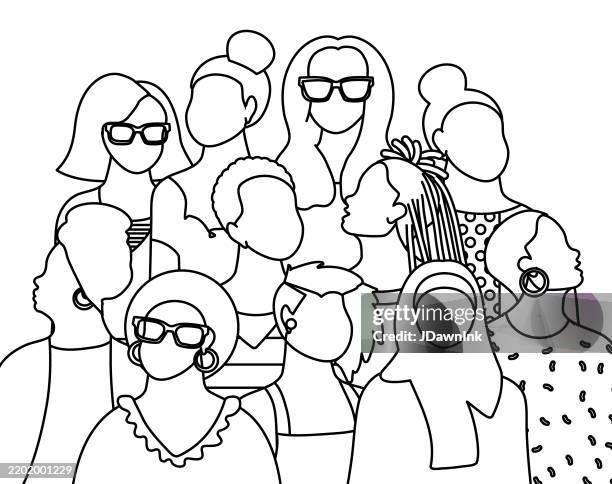 bildbanksillustrationer, clip art samt tecknat material och ikoner med crowd of diverse women with various poses continuous line drawing black outline - endast kvinnor