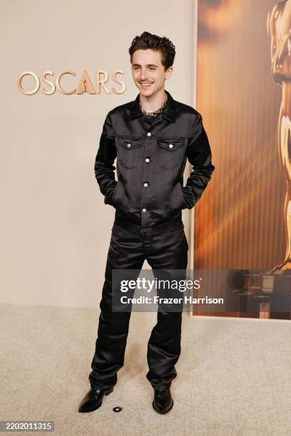 Timothée Chalamet attends the 97th Annual Oscars Nominees Dinner at the Academy Museum of Motion Pictures on February 25, 2025 in Los Angeles,...