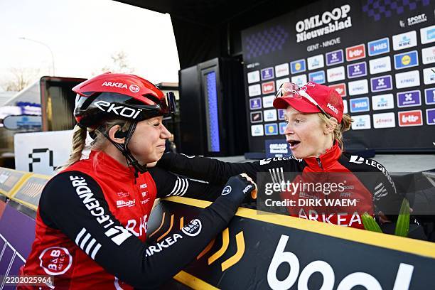 Belgium's Lotte Claes of Arkea - B&B Hotels Women celebrates after winning the women's one-day cycling race Omloop Het Nieuwsblad of the UCI World...