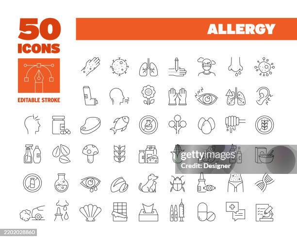 illustrazioni stock, clip art, cartoni animati e icone di tendenza di set di icone della linea di allergia semplice. allergeni basici, frutta a guscio, soia, animali domestici, funghi, glutine, mais, latte, cioccolato, detersivi. icone modificabili a 50 linee. - allergia