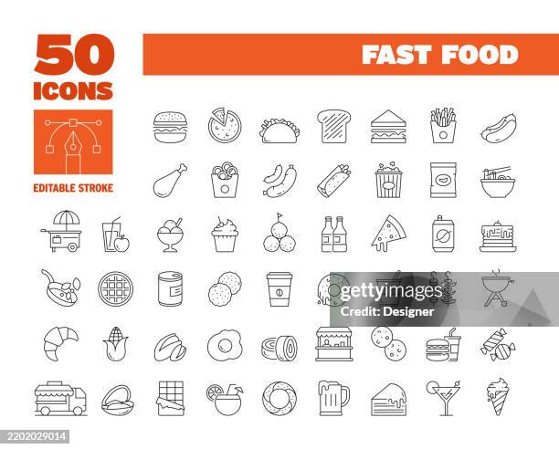 ilustraciones, imágenes clip art, dibujos animados e iconos de stock de sencillo conjunto de iconos de la línea de comida rápida. hamburguesa, hamburguesa con queso, fideos, perrito caliente, sándwich, pizza. iconos editables de trazo de 50 líneas. - comida rápida