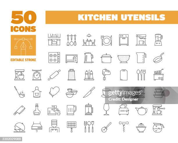 ilustrações de stock, clip art, desenhos animados e ícones de simple kitchen utensils line icon set. kitchenware, cooking, preparing, household. editable stroke 50 line icons. - loja de utensílios de cozinha
