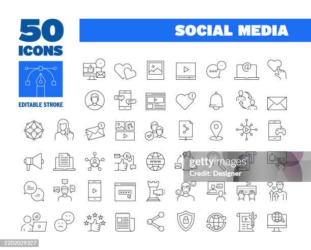 einfaches social-media-linien-icon-set. inhalt, follower, like, story, teilen, influencer. bearbeitbare strichsymbole mit 50 linien. - social media icons stock-grafiken, -clipart, -cartoons und -symbole