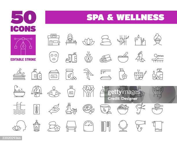 stockillustraties, clipart, cartoons en iconen met simple spa and wellness line icon set. skin care, treatment, relax, luxury, therapy, massage, wellness. editable stroke 50 line icons. - alternatieve therapie