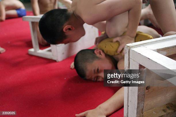 Student crushes his entire weight on a fellow student in order to test his capacity for endurance at the state owned Shichahai sports school July 25,...