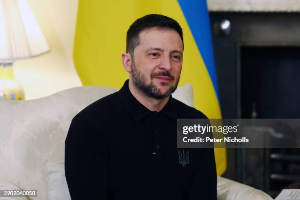 Ukrainian President, Volodymyr Zelensky is seen during a bilateral meeting with Britain's Prime Minister Keir Starmer at 10 Downing Street on March...