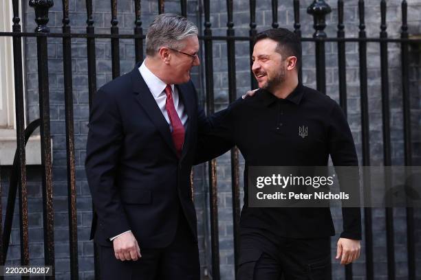 Britain’s Prime Minister, Sir Keir Starmer welcomes Ukrainian President, Volodymyr Zelensky to 10 Downing Street on March 1, 2025 in London England....