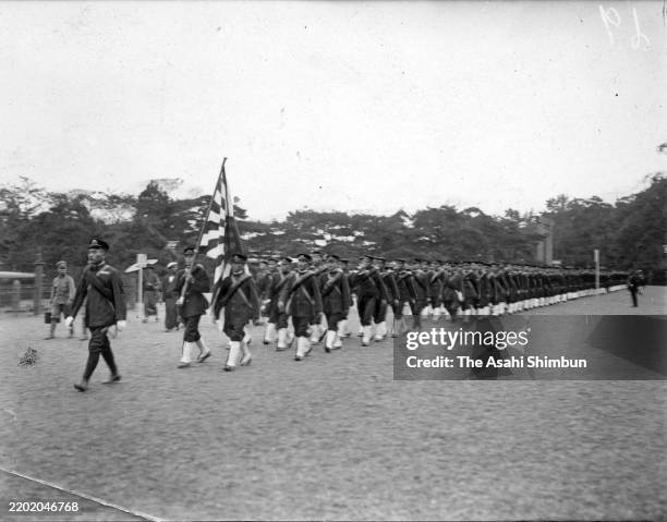 Imperial Japanese Navy 1st Fleet soldiers visit Ise Shrine after the vicennial 'Shikinen Sengu' on October 2, 1929 in Ujiyamada, Mie, Japan.