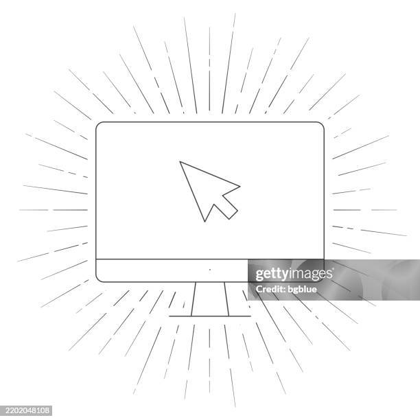 desktop computer with pointer. line icon with sunbursts on white background - using computer blank screen stock illustrations