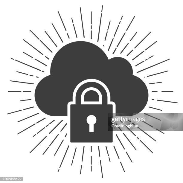 cloud security. icon with sunbursts on white background - vintage computer server stock illustrations