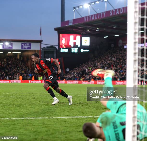 Luis Sinisterra of Bournemouth celebrates scoring the winning penalty in the shoot-out during the Emirates FA Cup Fifth Round match between AFC...