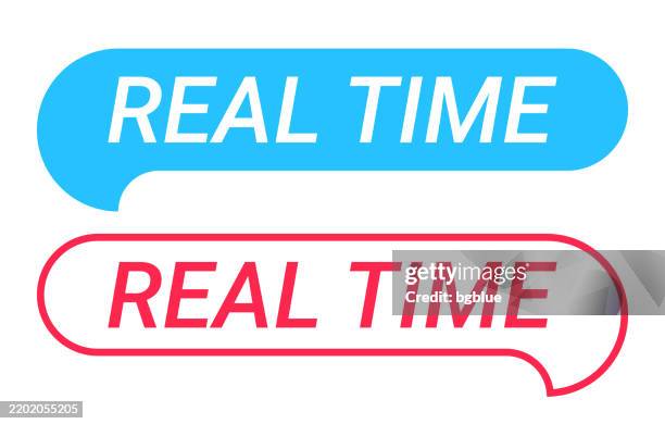 real time - blue and red speech bubble on white background - real time stock illustrations