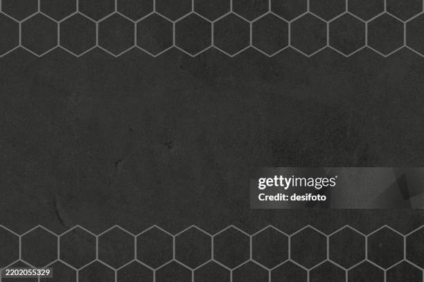 empty plain blank dark black coloured grunge textured horizontal rustic smudged vector backgrounds with texture plastered bordered whitewashed wall, blackboard with border of connected honeycomb pattern painted white hexagon shapes benzene ring structure - black slate texture stock illustrations