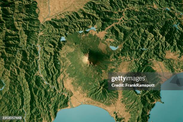 mount fuji satellite topographic map 3d render true color - koshinetsu region stock pictures, royalty-free photos & images