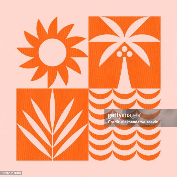 illustrazioni stock, clip art, cartoni animati e icone di tendenza di icone estive - foglia di palma