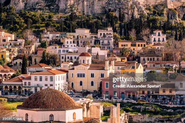 plaka historic district townscape, aerial view, athens, greece - akropolis athen stock-fotos und bilder