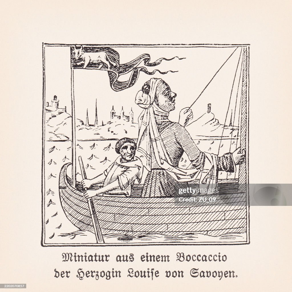 Miniature painting from a Boccaccio mauscript, wood engraving, published 1895