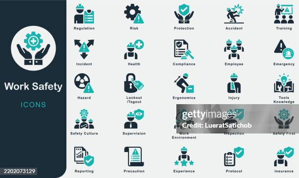 ilustrações de stock, clip art, desenhos animados e ícones de work safety solid icons collection.containing training, precaution, manufacturing, construction, factory, injury, employee, regulation, safety first, work environment, protection, health, accident - ferido