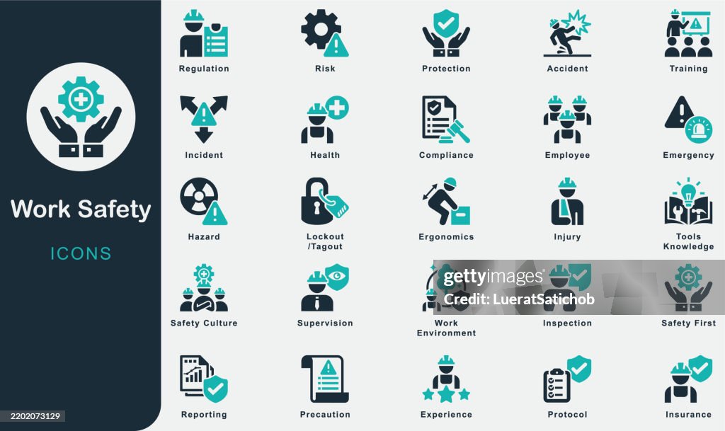 Work Safety solid icons collection.Containing Training, Precaution, Manufacturing, construction, Factory, Injury, Employee, Regulation, Safety First, Work Environment, Protection, Health, Accident