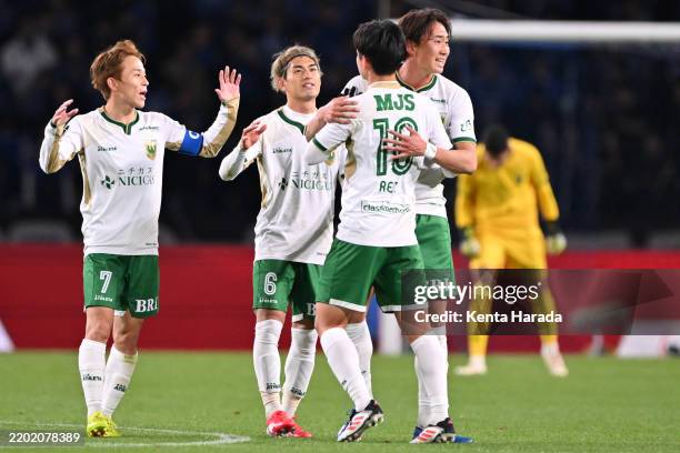 Tokyo Verdy players celebrate their victory after the J.LEAGUE MEIJI YASUDA J1 3rd Sec. Match between FC Machida Zelvia and Tokyo Verdy at Machida...