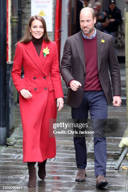 Catherine, Princess of Wales and Prince William, Prince of Wales during a visit to Pontypridd Market on February 26, 2025 in Pontypridd, Wales. In...
