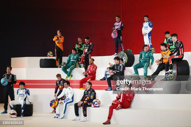 The 2025 Formula 1 Drivers stand for the drivers photocall prior to F1 Testing at Bahrain International Circuit on February 26, 2025 in Bahrain,...