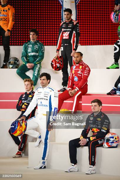 Carlos Sainz of Spain and Williams, Max Verstappen of the Netherlands and Oracle Red Bull Racing, and Lewis Hamilton of Great Britain and Scuderia...