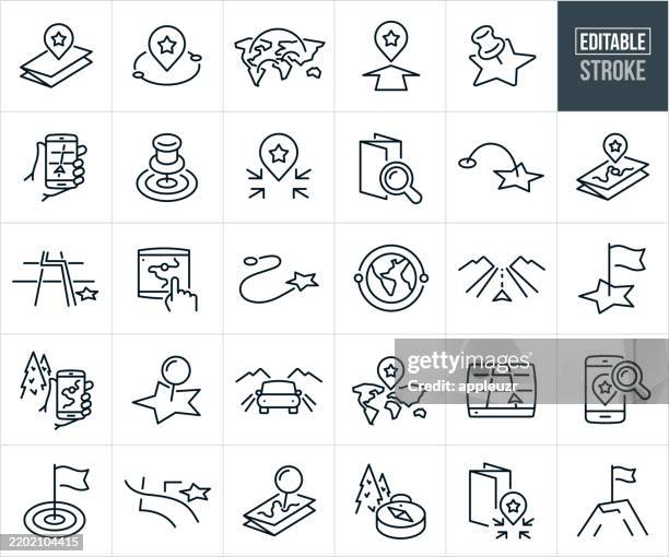 stockillustraties, clipart, cartoons en iconen met maps and location thin line icons - editable stroke - icons include map, location, destination, gps, map marker, trail, road, point a to point b, driving, directions, map pin, navigation, arrival - bewegwijzeringspictogram