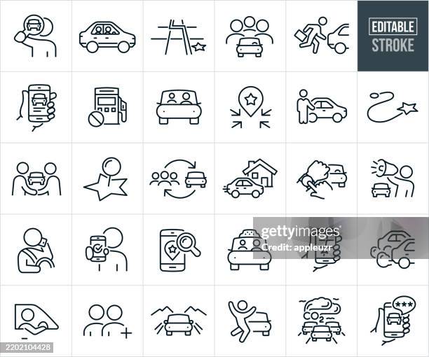 carpooling and ridesharing thin line icons - editable stroke - icons include carsharing, car, transportation, passengers, drivers, getting a ride, driving, destination, pick-up, ride-hailing - cell signaling pathway stock illustrations