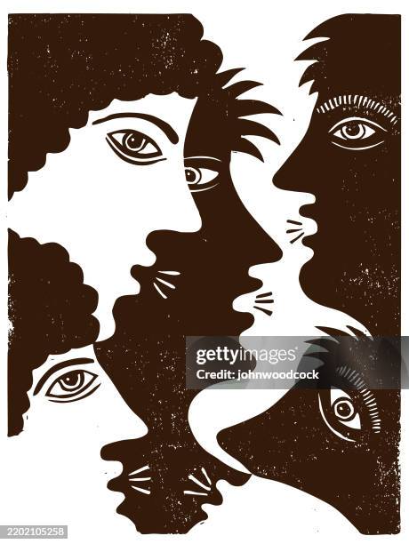 illustrazioni stock, clip art, cartoni animati e icone di tendenza di illustrazione di facce mono linoleografia - linoleografia