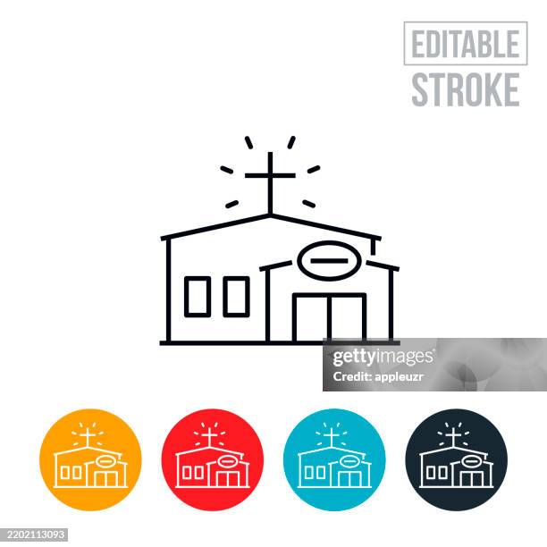 christian church with cross thin line icon - editable stroke - church sanctuary stock illustrations
