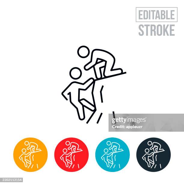 person assisting another person to the top of a rock face thin line icon - editable stroke - rock wall climbing stock illustrations