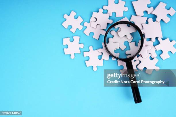 magnifying glass on jigsaw pieces - find differences stock pictures, royalty-free photos & images