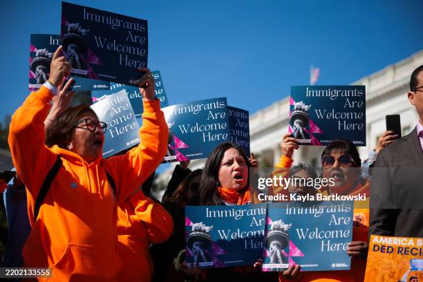 Participants shout chants before a press conference held by the House Democrats to reintroduce the "American Dream and Promise Act" at the House...