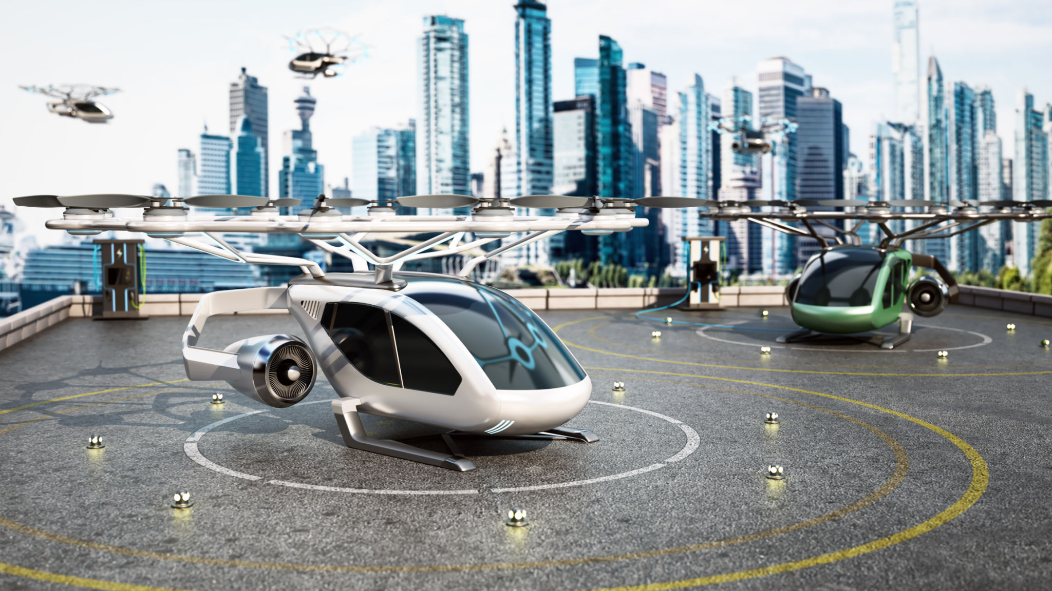 New electric flying vehicle (eVTOL) takes off over urban landscape showcasing advanced technology in transportation New electric flying vehicle (eVTOL) takes off over urban landscape showcasing advanced technology in transportation