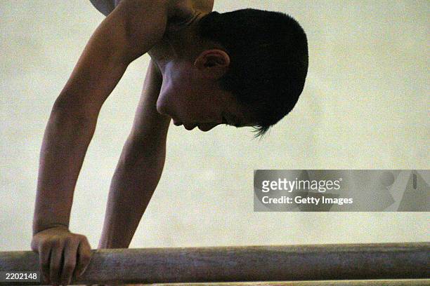 Male student balances himself on the parallel bars at the state owned Shichahai sports school July 25, 2003 in Beijing, China. The school is one of...