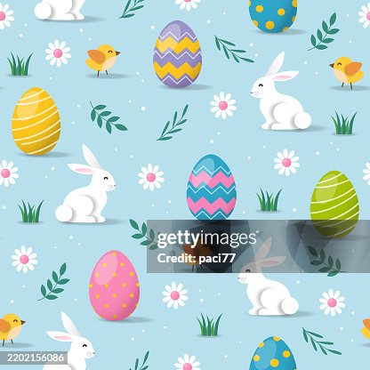 Easter seamless pattern with decorated Easter eggs, bunnies and chicks. Suitable for wrapping paper, banner, greeting card, wallpapers. Easter seamless pattern with decorated Easter eggs, bunnies and chicks. Suitable for wrapping paper, banner, greeting card, wallpapers.