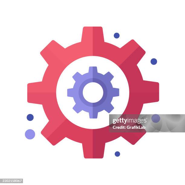 abstract gear icon with red and purple design elements in flat style - clockwork stock illustrations