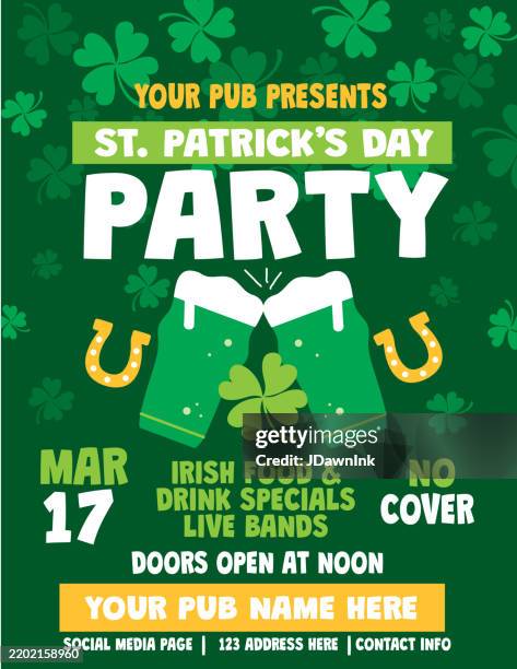 happy st. patrick's day party invitation poster design template with irish colors and celebration elements - st patricks day stock illustrations