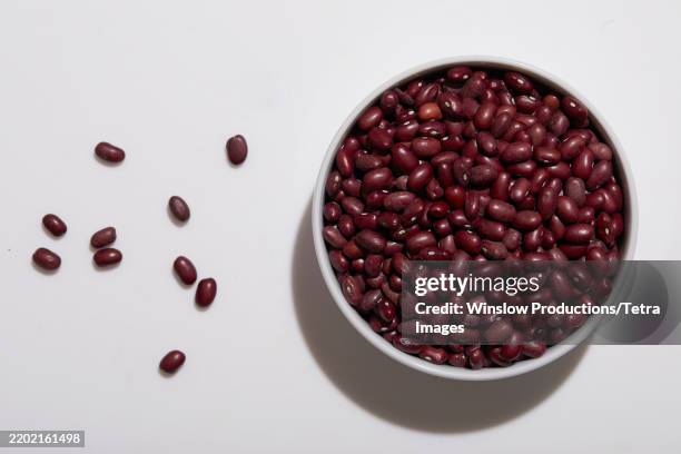 overhead view of bowl of kidney bean on white background - kidney bean stock pictures, royalty-free photos & images