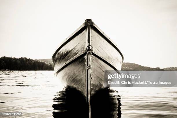 Wood Boat Anchored On Upper Saranac Lake Black And White High-Res Stock Photo