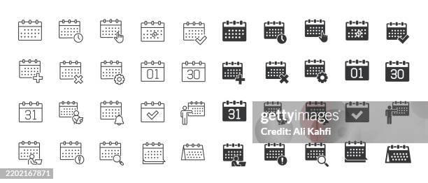 collection of calendar, schedule, planning, date, time thin line and glyph solid icon. editable stroke and perfect pixel isolated on transparent background - standardized testing stock illustrations