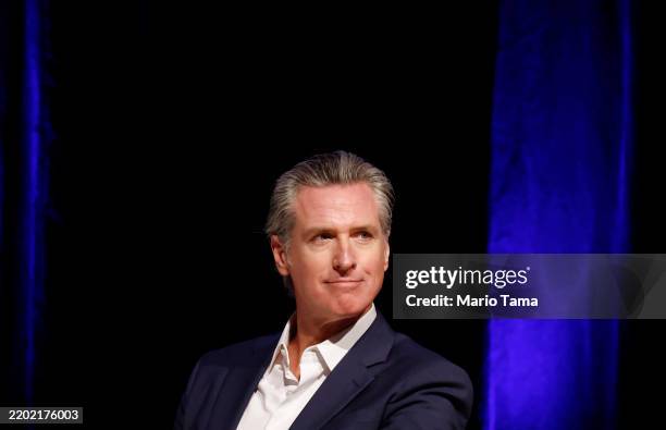 California Governor Gavin Newsom looks on before speaking at East Los Angeles College on February 26, 2025 in Monterey Park, California. Newsom...